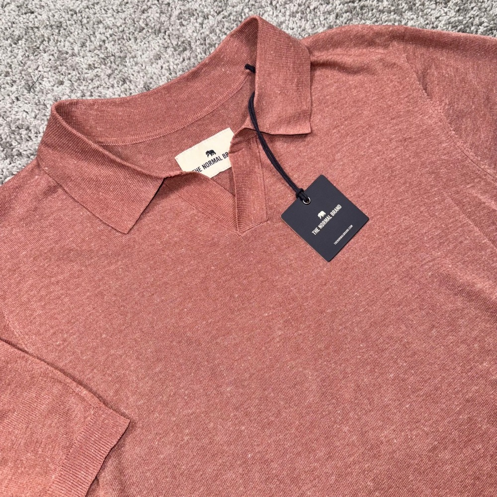 The Normal Brand Fine Gauge Johnny Collar Polo Mens Linen Adobe Rose M NEW